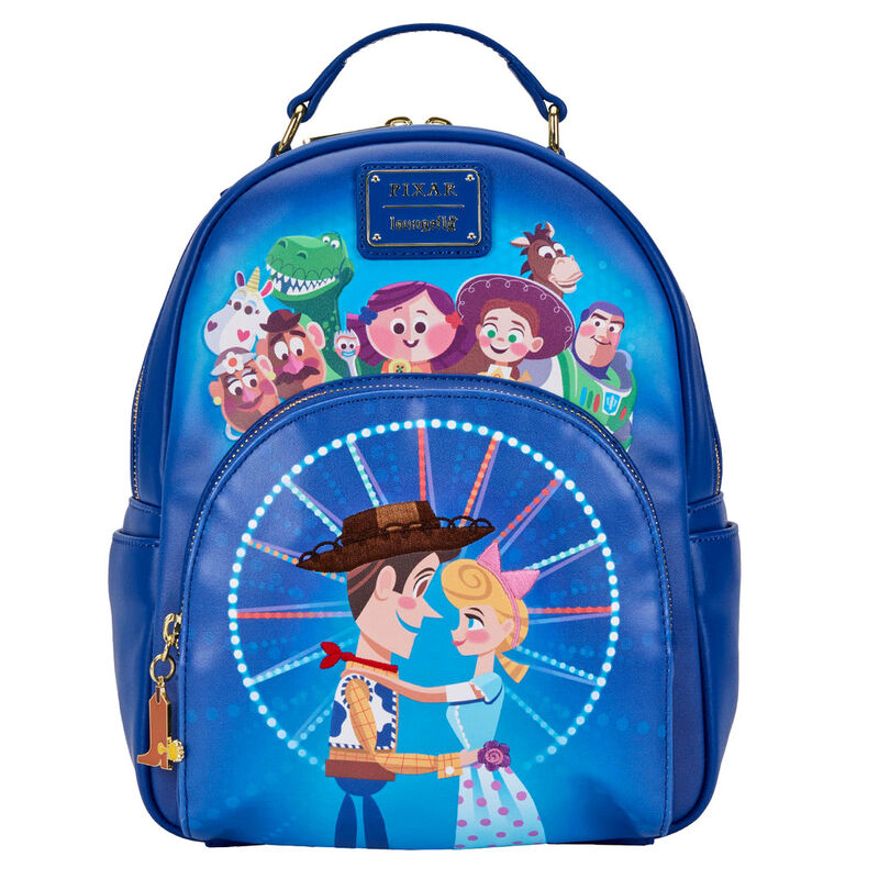 Sac à dos Loungefly Toy Story Woody et Bo Peep vue de face avec détails brodés et charms émaillés