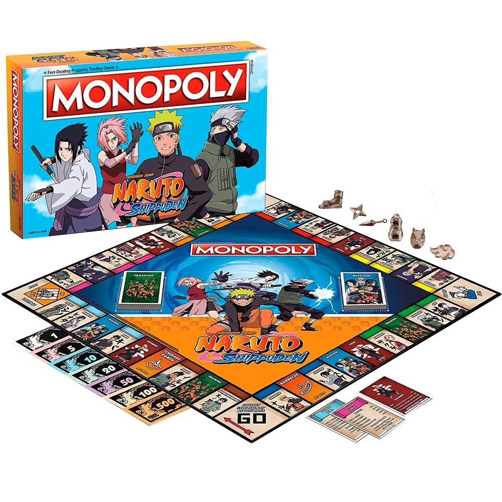 Plateau de jeu Monopoly Naruto Shippuden édition espagnole avec illustrations détaillées des personnages