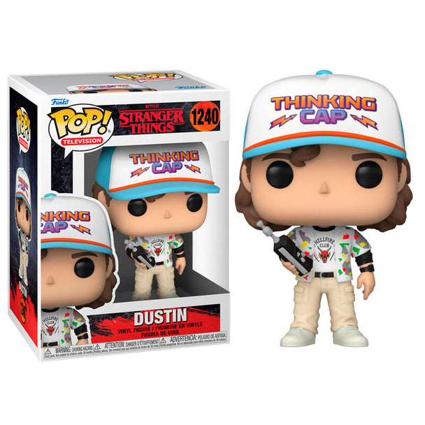 Figurine Funko POP Dustin de Stranger Things en vinyle, vue de face avec détails colorés et boîte vitrine