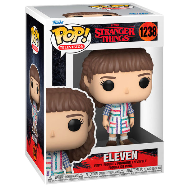 Détail de la figurine Funko POP Eleven montrant les traits caractéristiques et la tenue emblématique