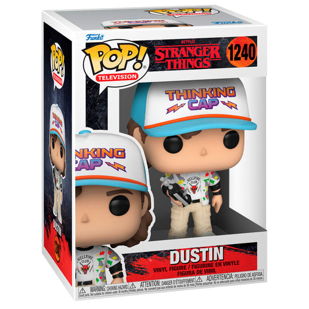 Boîte vitrine de la figurine Funko POP Dustin Stranger Things, affichant le logo officiel et la hauteur de 9 cm