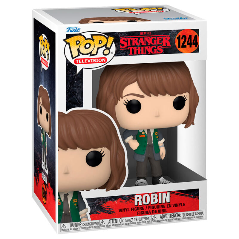 Vue de face de la figurine Funko POP Robin de Stranger Things avec détails précis et couleurs vives