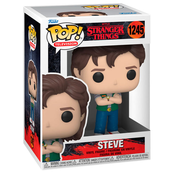 Vue de face de la figurine Steve Stranger Things Funko POP avec détails précis du personnage et boîte transparente