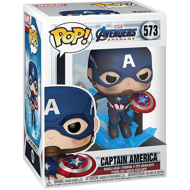 Vue latérale de la figurine Funko POP Captain America montrant les détails du bouclier brisé et du marteau Mjolnir
