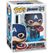 Vue latérale de la figurine Funko POP Captain America montrant les détails du bouclier brisé et du marteau Mjolnir