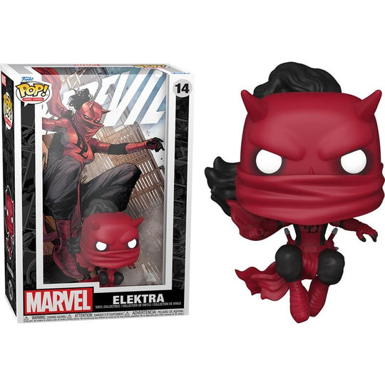 Figurine Funko POP Daredevil et Elektra vue de face avec détails colorés sur la base comic cover Marvel