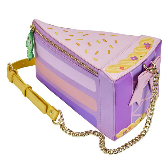 Vue avant du sac épaule Loungefly Disney Rapunzel avec design gâteau coloré et détails soignés