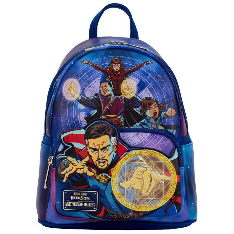 Vue avant du sac à dos Loungefly Doctor Strange Marvel Multiverse of Madness avec design coloré et détaillé