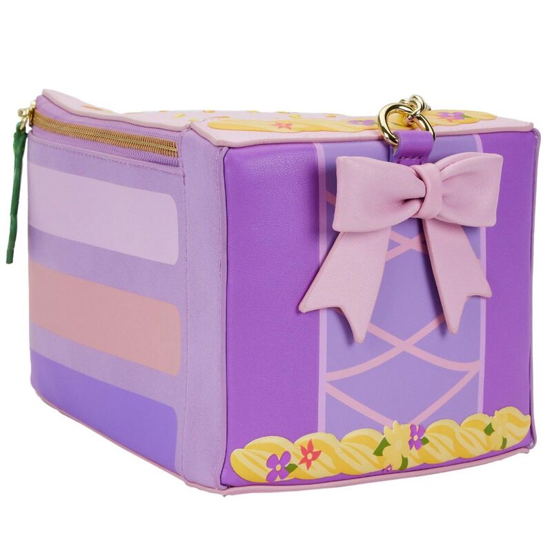 Profil latéral du sac Loungefly Disney Rapunzel montrant la sangle réglable et le motif unique