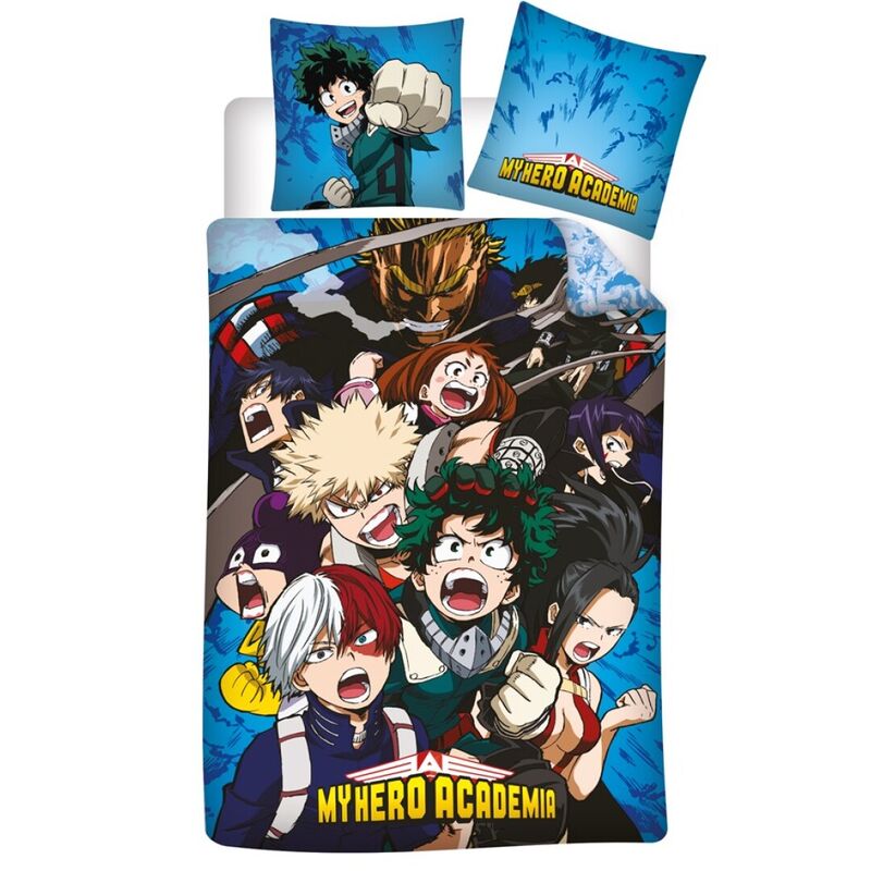 Housse de couette My Hero Academia en coton biologique, dimensions 140x200 cm, avec taie d'oreiller assortie 65x65 cm, design officiel BONES.