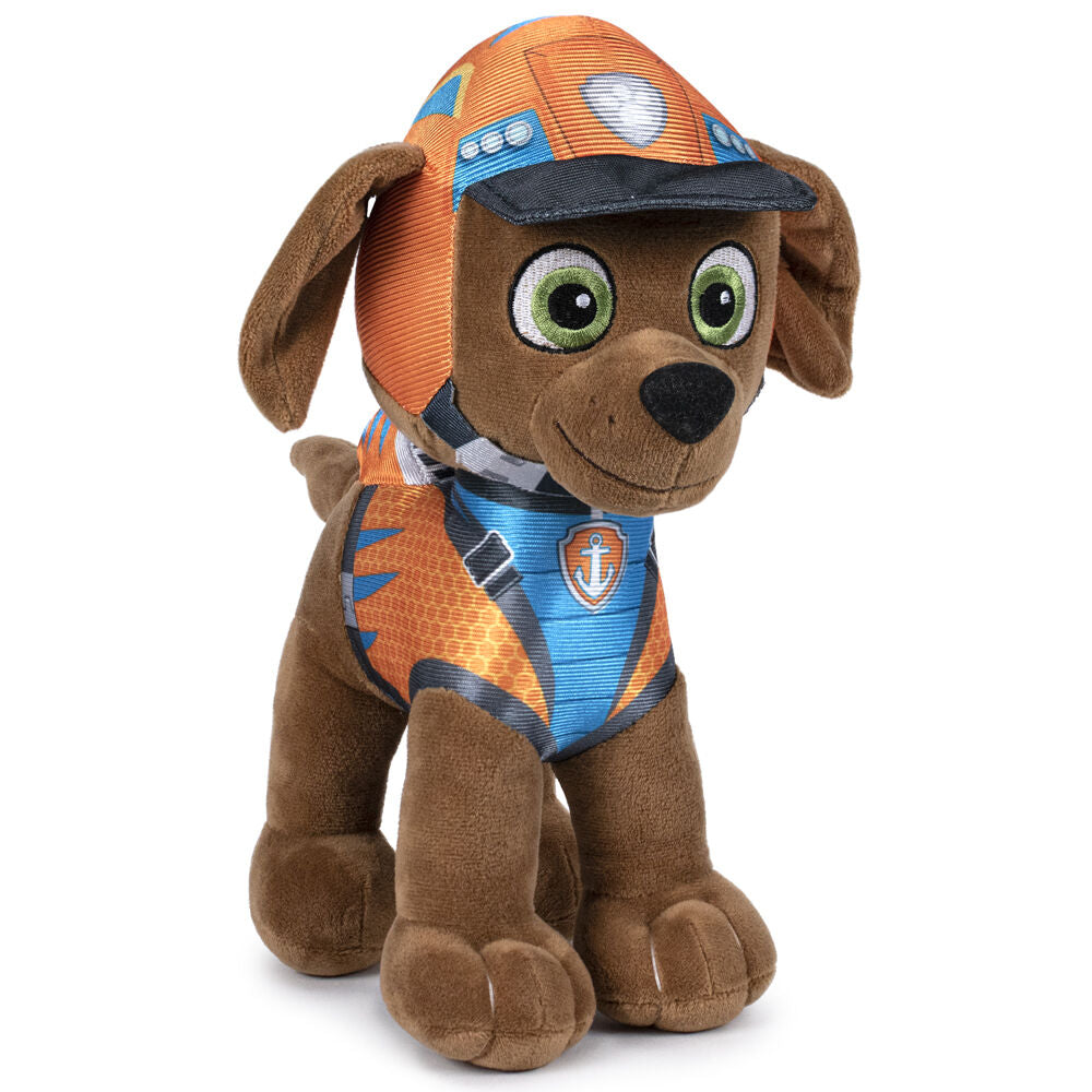 Peluche Zuma Dino Rescue Paw Patrol de 27cm, personnage officiel NICKELODEON, vue de face sur fond blanc.
