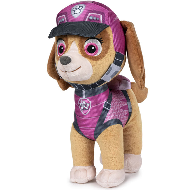 Peluche Skye Paw Patrol Dino Rescue de 27cm, douce et colorée, parfaite pour les enfants.