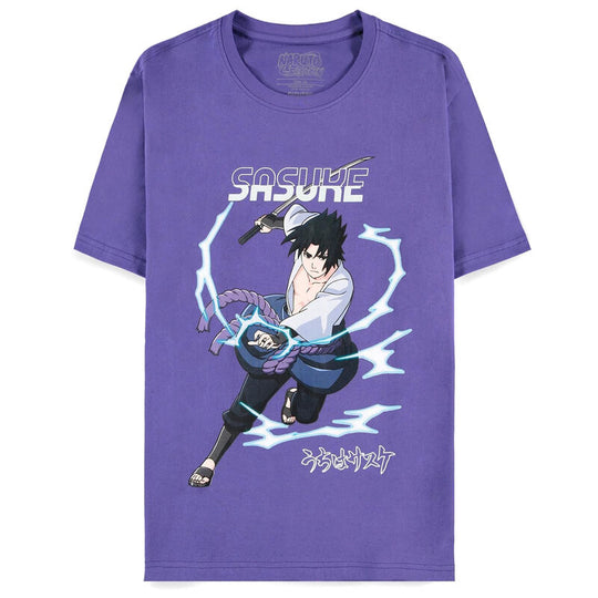 T-shirt Naruto Shippuden avec illustration de Sasuke en position de combat, couleur noire, vue de face