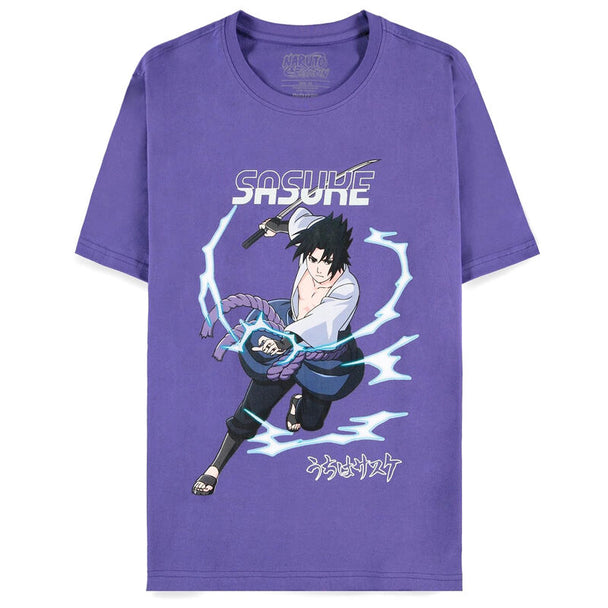 T-shirt Naruto Shippuden avec illustration de Sasuke en position de combat, couleur noire, vue de face