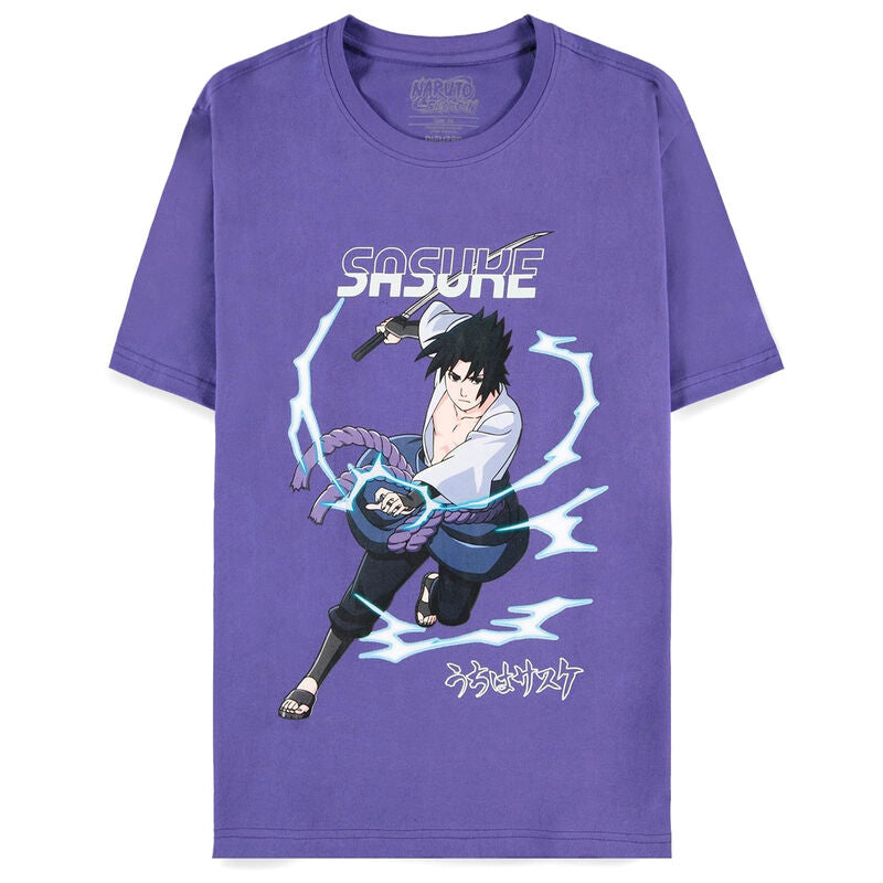 T-shirt Naruto Shippuden avec illustration de Sasuke en position de combat, couleur noire, vue de face