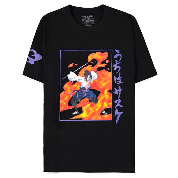 T-shirt Sasuke Naruto Shippuden en coton blanc avec illustration détaillée du personnage Sasuke Uchiha de face