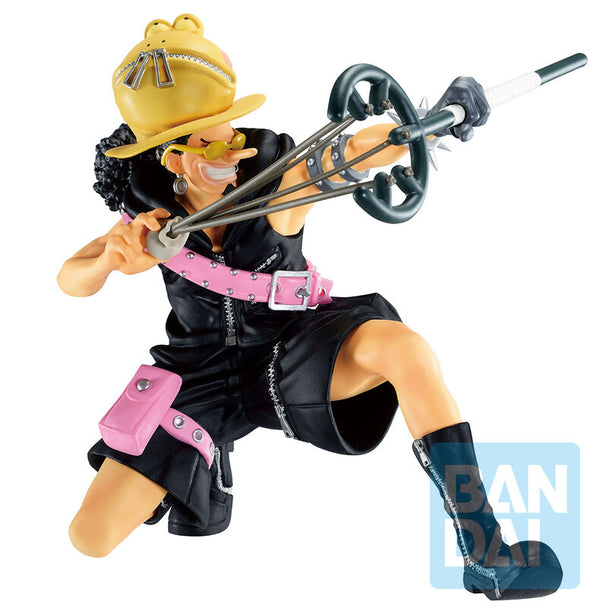 Figurine Ussop Ichibansho de 11 cm issue du One Piece Film Red, fabriquée par BANPRESTO, montrant le personnage en détail.