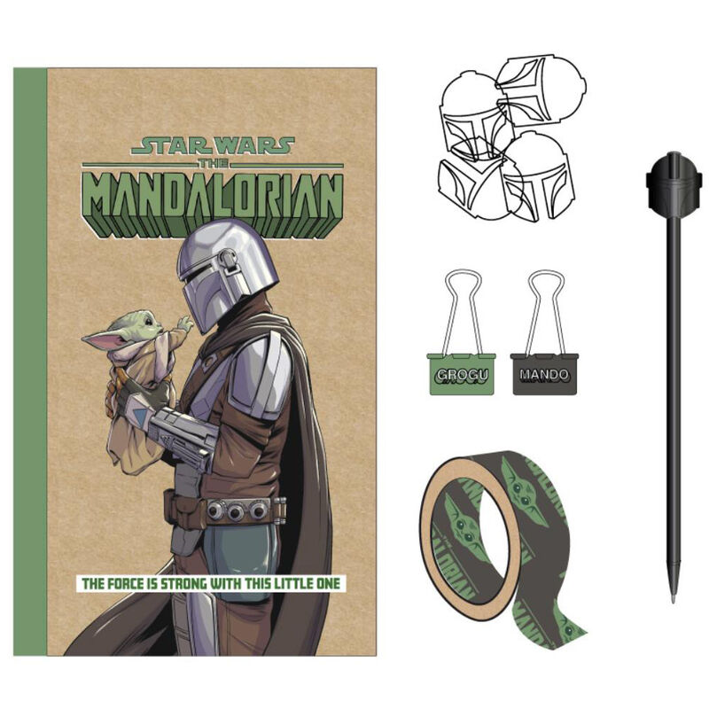 Présentation du contenu du set de papeterie Star Wars The Mandalorian montrant les feuilles et enveloppes décorées
