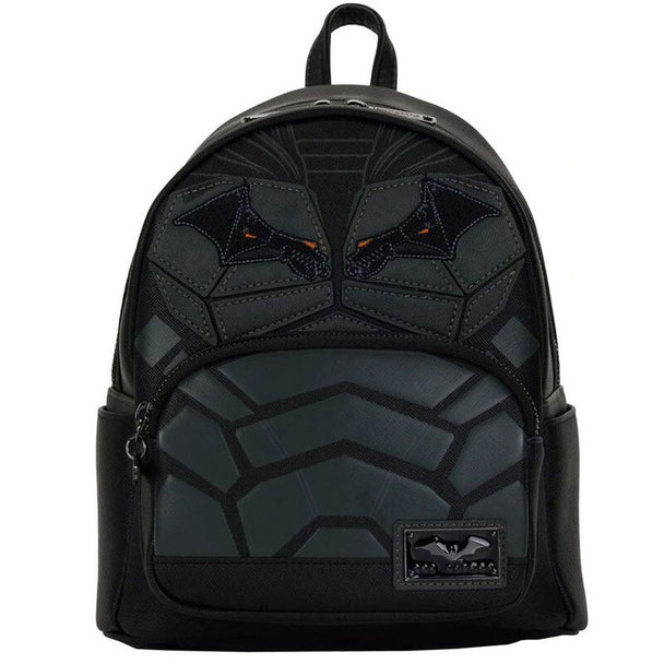 Vue de face du sac à dos Loungefly DC Comics Batman cosplay avec logo distinctif