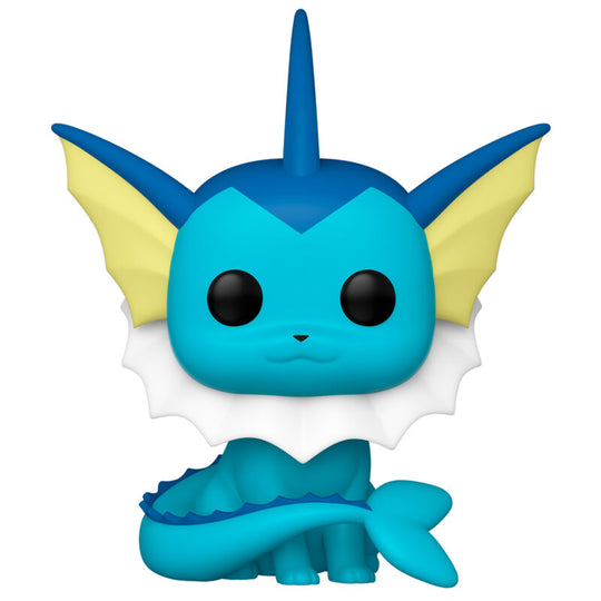 Figurine Vaporeon Funko POP de 9 cm posée sur une surface blanche, montrant ses caractéristiques