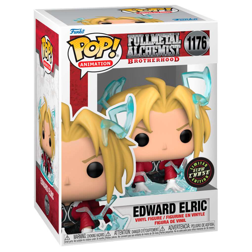 Image rapprochée de la tête de la figurine Funko POP Edward Elric avec expression déterminée