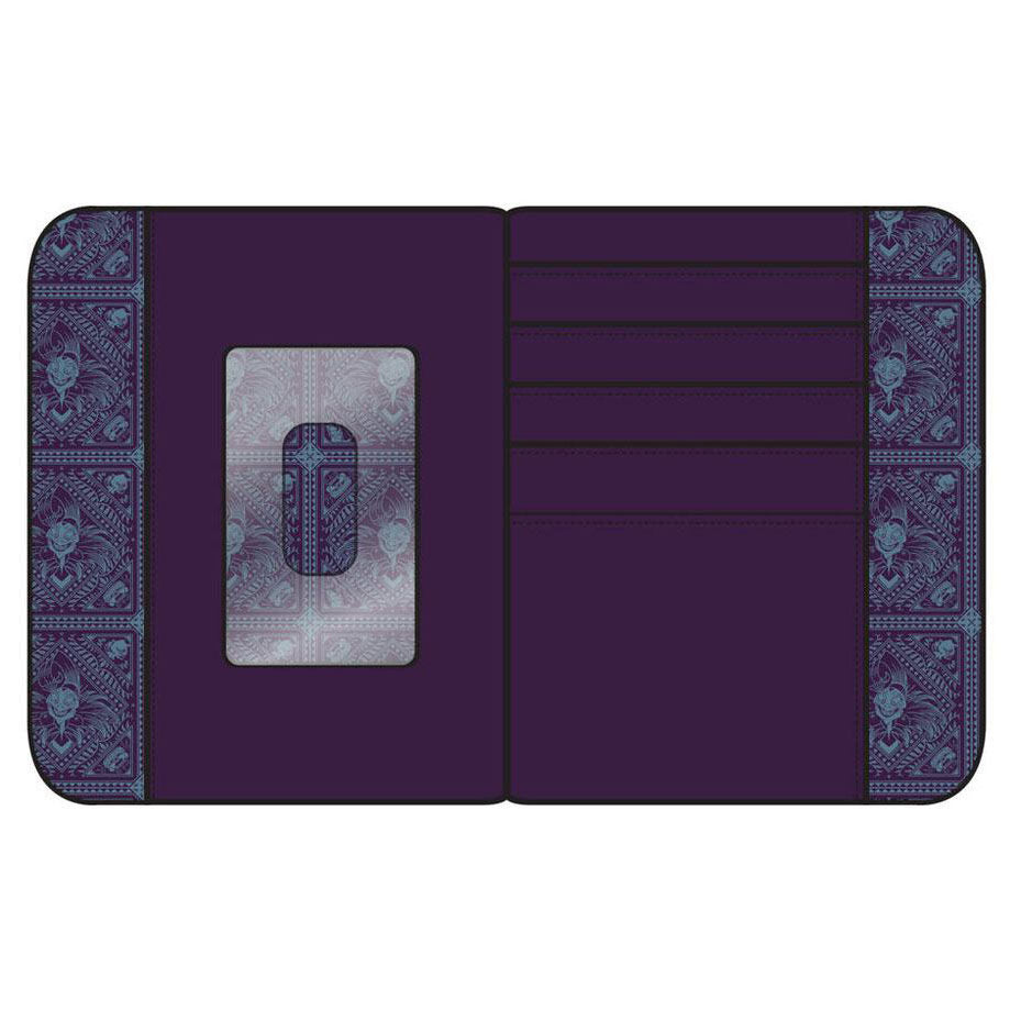 Portefeuille Loungefly Yzma Kitty ouvert montrant les compartiments pour cartes et billets