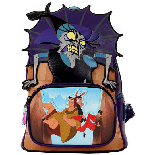 Vue avant du sac à dos Loungefly Disney The Emperor's New Groove avec design coloré et logo officiel