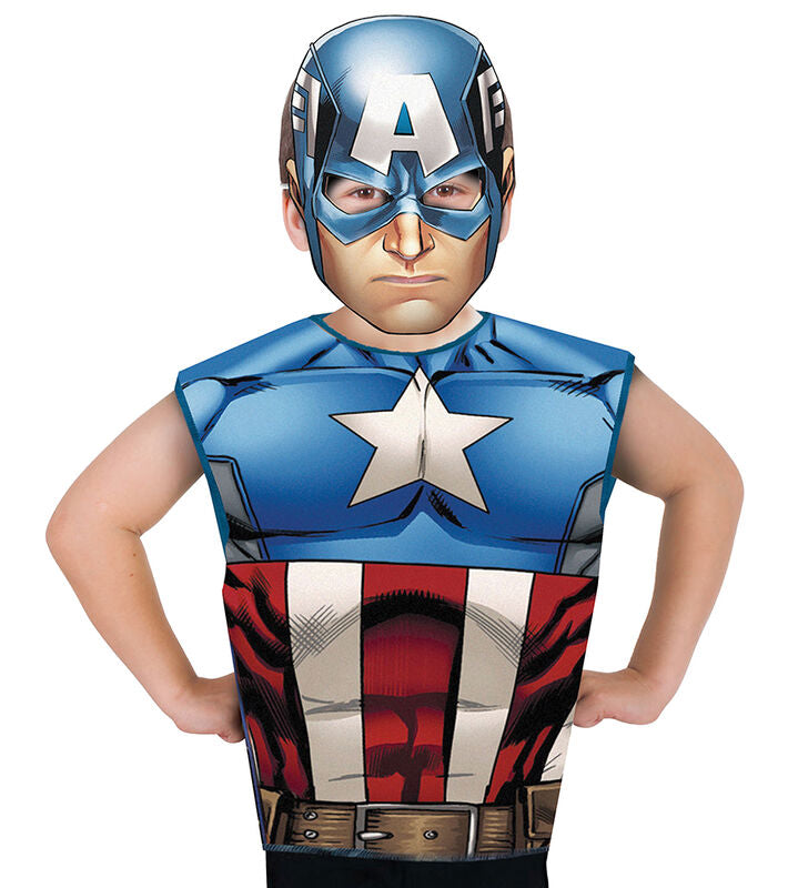 Déguisement Marvel Avengers Captain America pour enfants avec t-shirt sans manches et masque en carton, taille 3-6 ans.