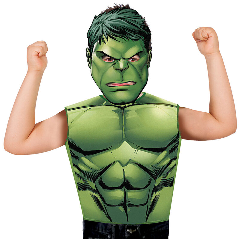 Costume enfant Marvel Avengers Hulk avec t-shirt sans manches et masque en carton, taille 3-6 ans.