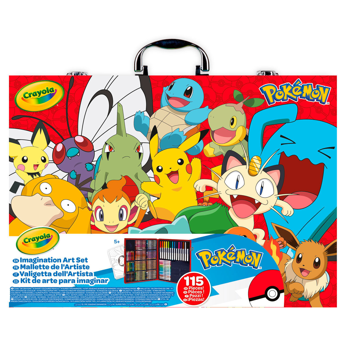 Mallette d'artiste Crayola Pokemon ouverte montrant crayons et feutres colorés avec design Pokemon