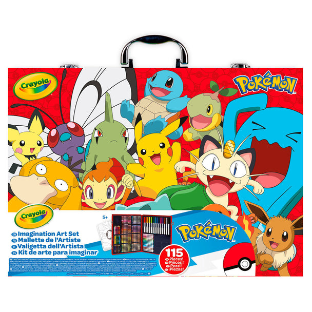 Mallette d'artiste Crayola Pokemon ouverte montrant crayons et feutres colorés avec design Pokemon