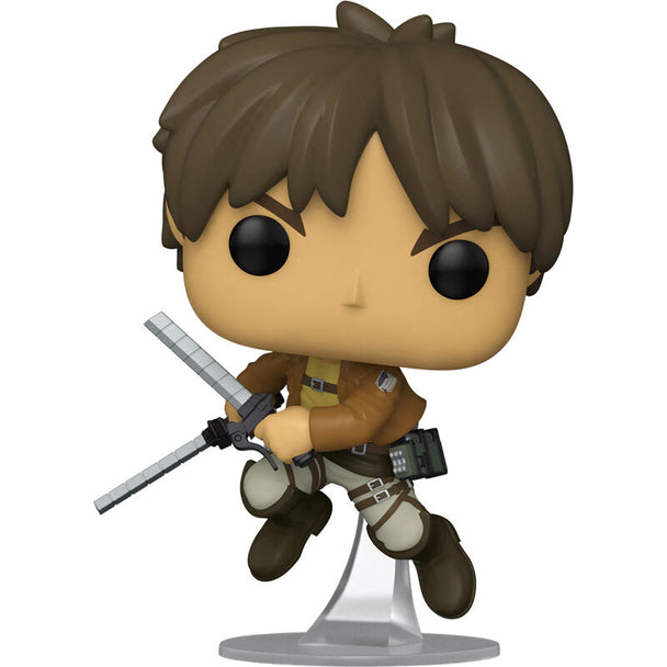 Détail de la figurine Funko POP Eren Jaeger avec ses traits caractéristiques et sa tenue iconique