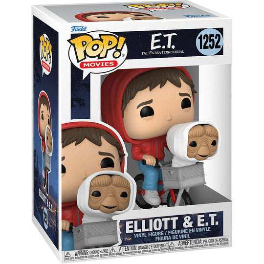 Vue latérale de la figurine Funko POP E.T. & Elliott montrant les détails du vinyle et la boîte collector