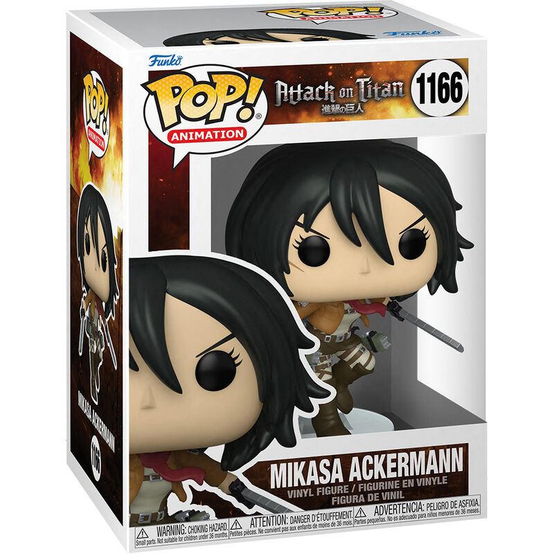 Vue rapprochée de la figurine Funko POP Mikasa Ackermann montrant les couleurs et finitions soignées