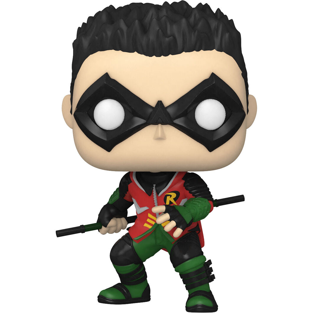 Vue rapprochée de la figurine Funko POP Robin avec détails précis du costume et du visage