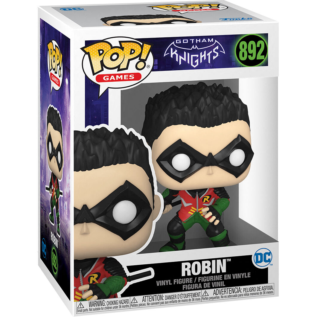 Boîte d'emballage de la figurine Funko POP Robin Gotham Knights montrant le logo DC Comics et la taille 9 cm