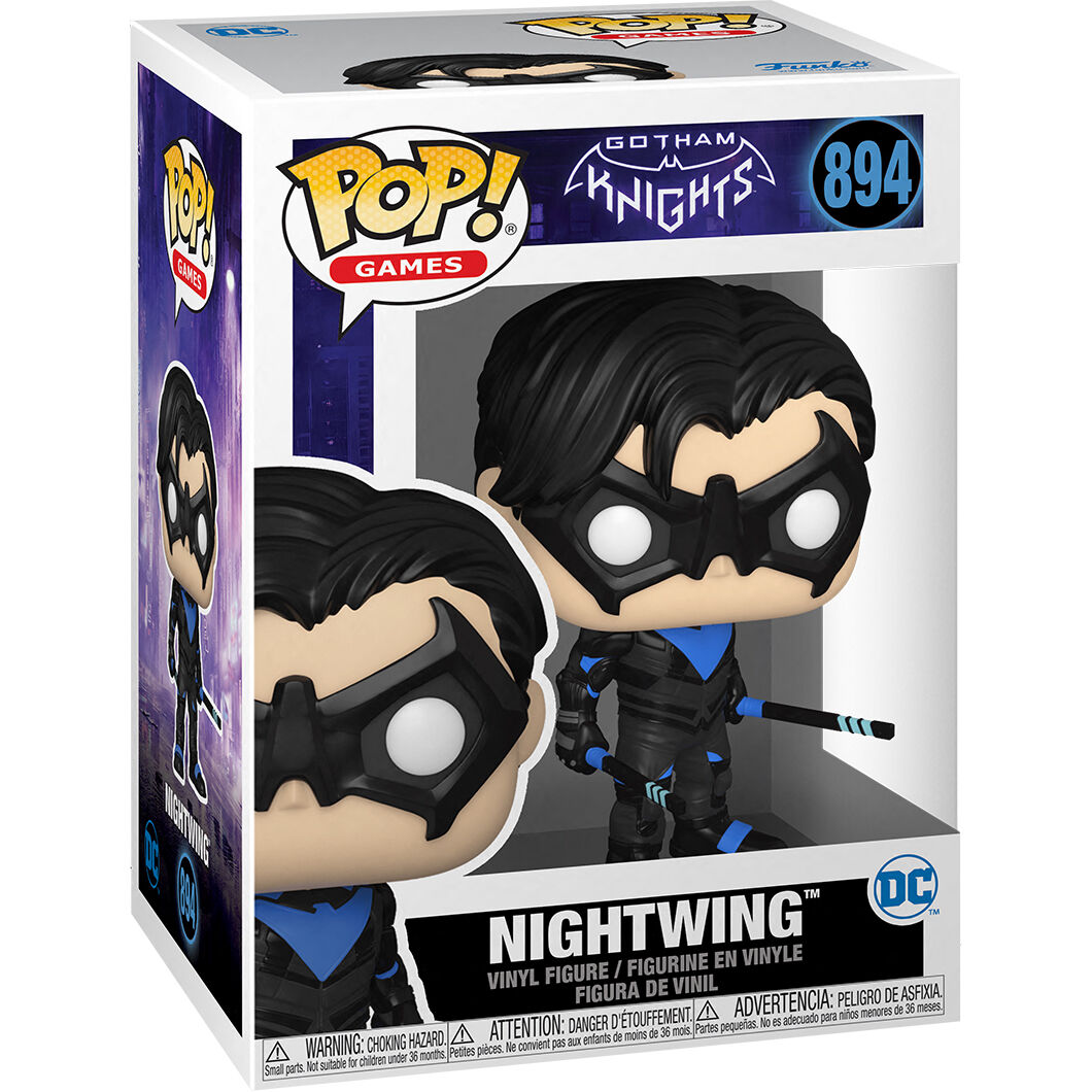 Vue latérale de la figurine Funko POP Nightwing Gotham Knights mettant en avant les détails du vinyle
