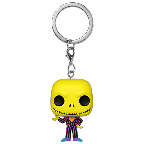 Porte-clés Funko Pocket POP Jack Skellington en gros plan avec détails précis du visage et costume noir et blanc