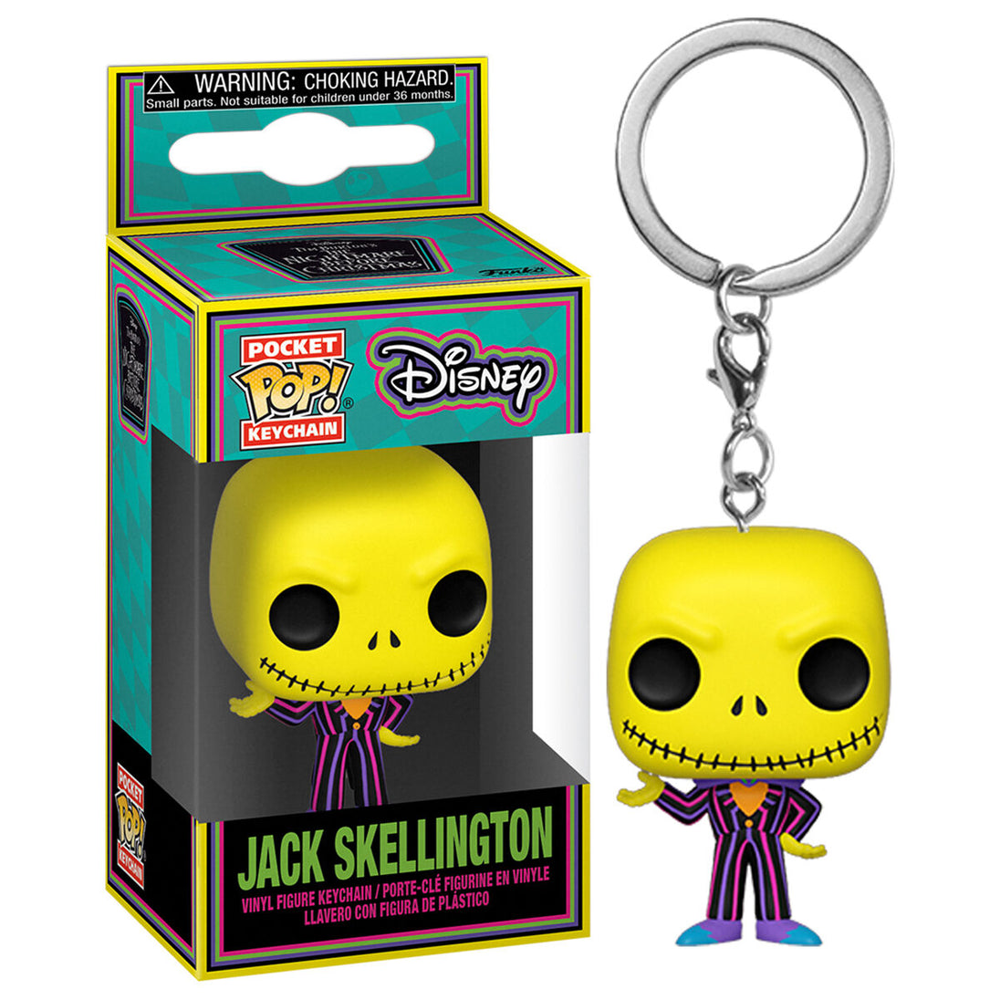 Porte-clés Jack Skellington suspendu à un trousseau de clés, illustrant sa taille compacte et son design élégant