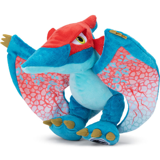 Vue latérale de la peluche Jurassic World 25cm illustrant sa forme et son volume