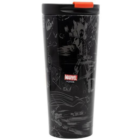 Vue de profil du mug isotherme Deadpool montrant le couvercle étanche pratique pour boissons chaudes