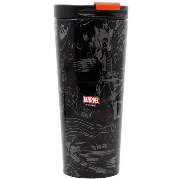 Vue de profil du mug isotherme Deadpool montrant le couvercle étanche pratique pour boissons chaudes