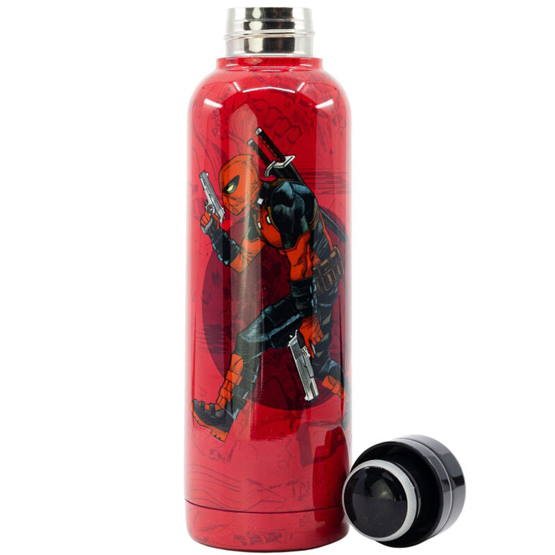 Vue latérale de la bouteille Marvel Deadpool illustrant son design robuste et sa finition brillante
