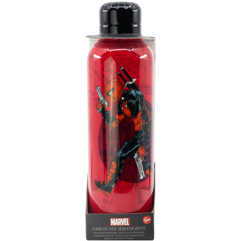 Bouteille thermique Marvel Deadpool posée sur une table, mettant en avant son style unique et sa capacité