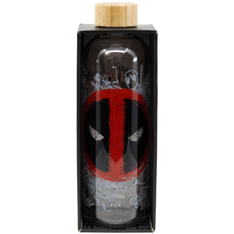 Packaging et ensemble des quatre images montrant la bouteille Deadpool Marvel 1030ml STOR sous différents angles