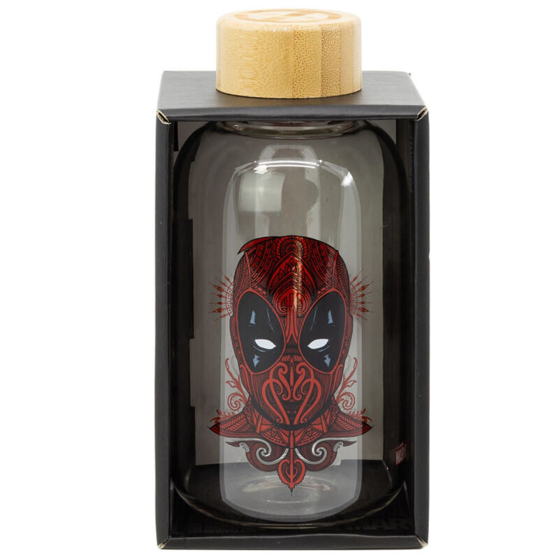 Vue latérale de la bouteille Marvel Deadpool avec illustration colorée du personnage