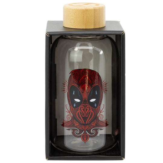 Vue latérale de la bouteille Marvel Deadpool avec illustration colorée du personnage