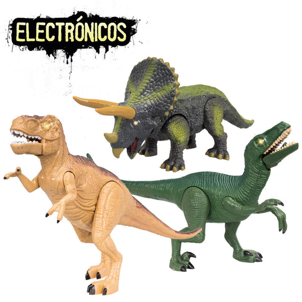 Pack de 11 dinosaures lumineux et sonores avec yeux brillants et pattes mobiles, jouets adaptés aux enfants dès 3 ans.