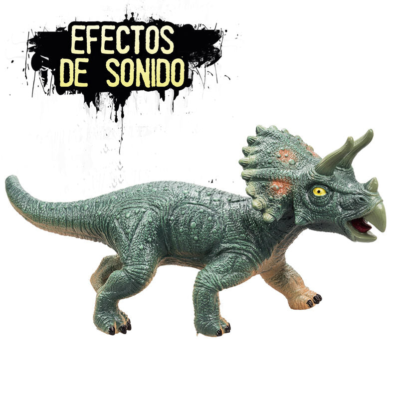 Jouet dinosaure Triceratops sonore souple avec texture vinyle et bouton pour rugissements, idéal enfants +3 ans.
