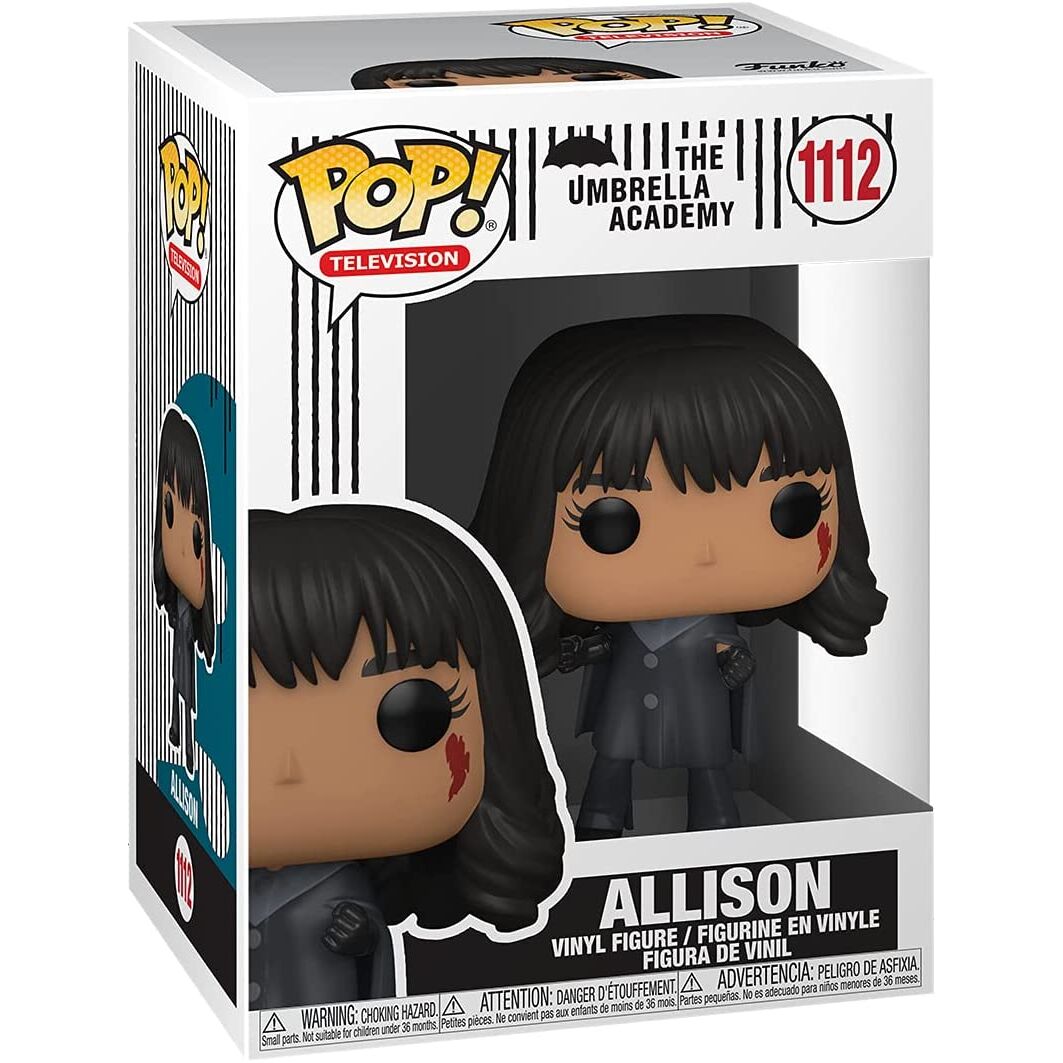 Vue détaillée de la figurine Funko POP Allison Umbrella Academy avec ses couleurs vives et son emballage cadeau